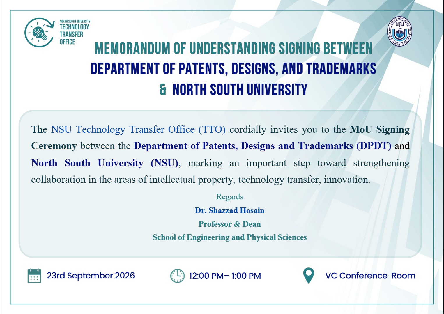 Memorandum of Understanding Signing Between the Department of Patents, Designs, and Trademarks & North South University